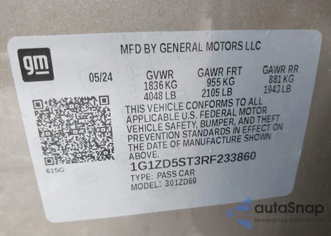 2024 Chevrolet Malibu Fwd 1Lt from USA, damaged, VIN 1G1ZD5ST3RF233860